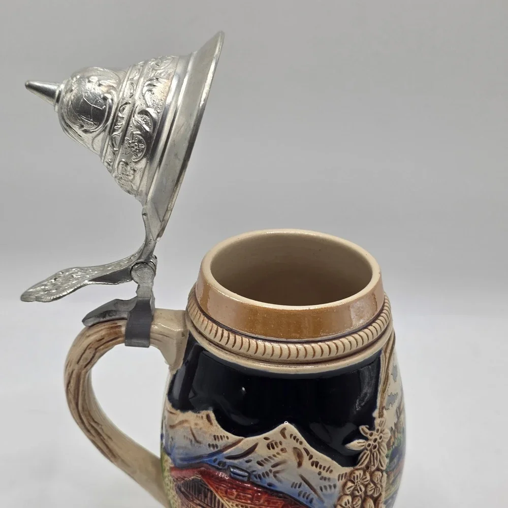 Salzburg Austria Beer Stein Lidded Pewter Cobalt Blue Relief Edelweiss Alps Mug